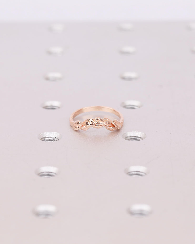 Engraved Lotus Leaves Ring, 14k Rose Gold Curved Wedding Band Women, Unique Floral Jewelry, Art Deco Nature Inspired Matching Rings for Her image #15