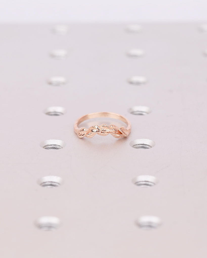14k Rose Gold Wedding Band, Handcrafted Nature Ring, Stackable Flower Rings image #15