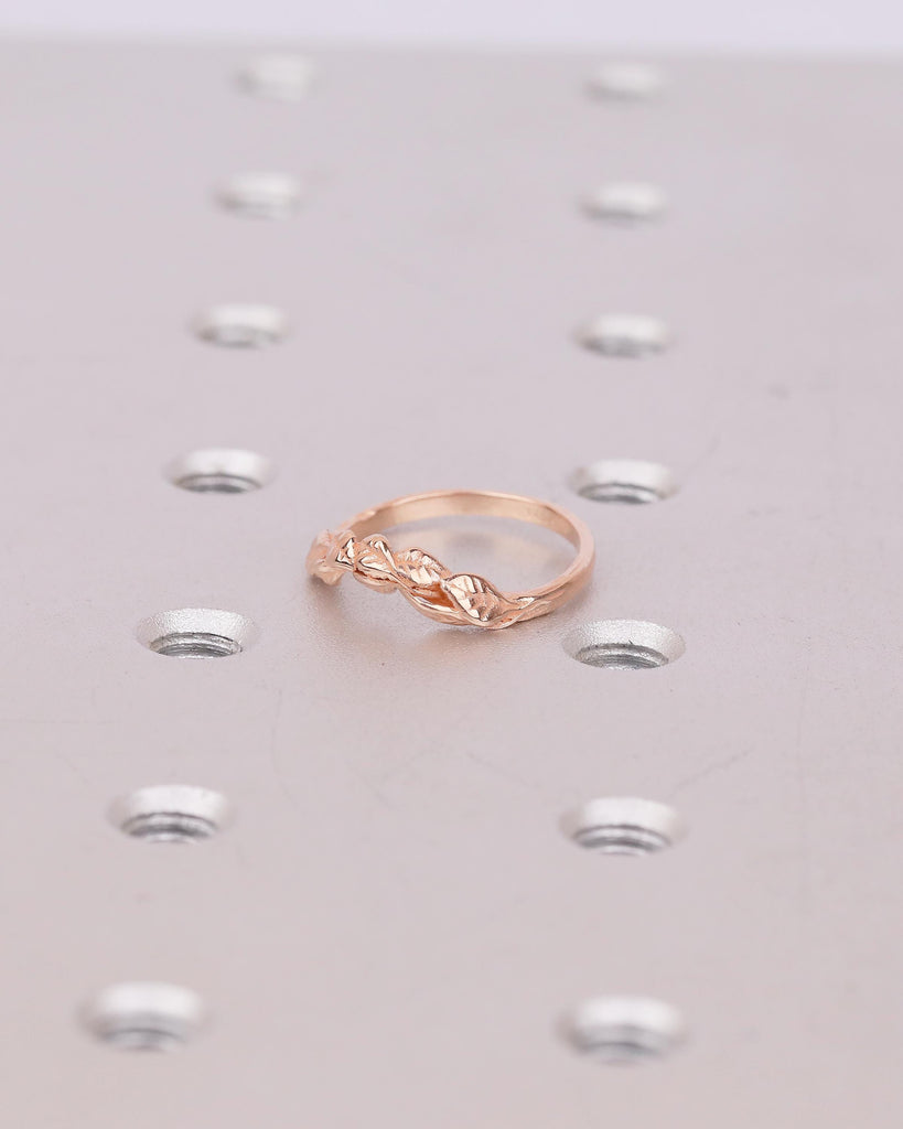 14k Rose Gold Wedding Band, Handcrafted Nature Ring, Stackable Flower Rings image #3