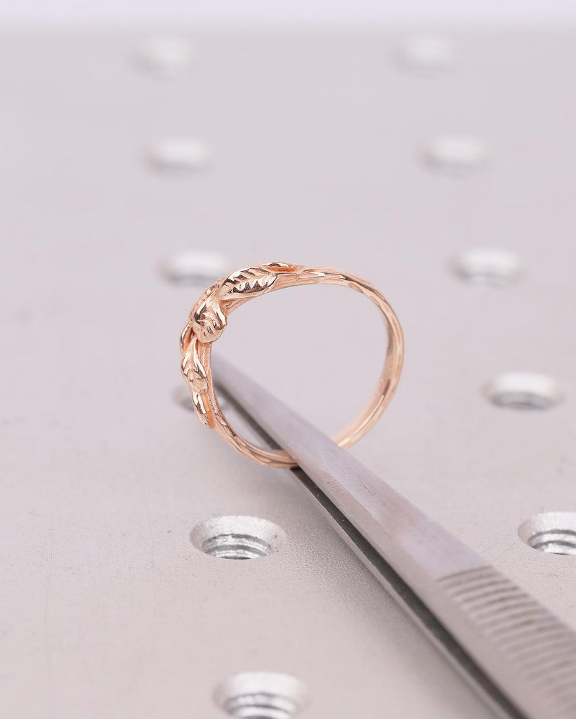14k Rose Gold Wedding Band, Handcrafted Nature Ring, Stackable Flower Rings image #12