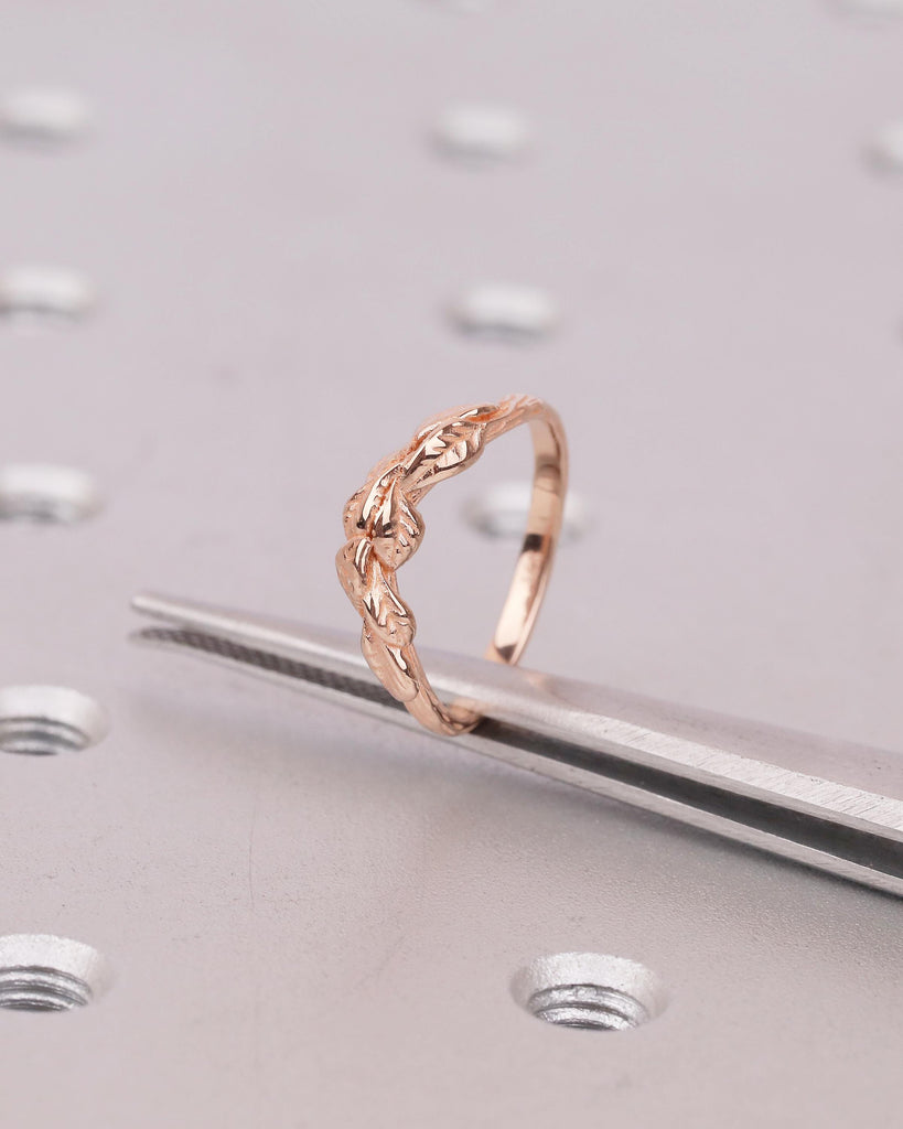 Engraved Lotus Leaves Ring, 14k Rose Gold Curved Wedding Band Women, Unique Floral Jewelry, Art Deco Nature Inspired Matching Rings for Her image #9