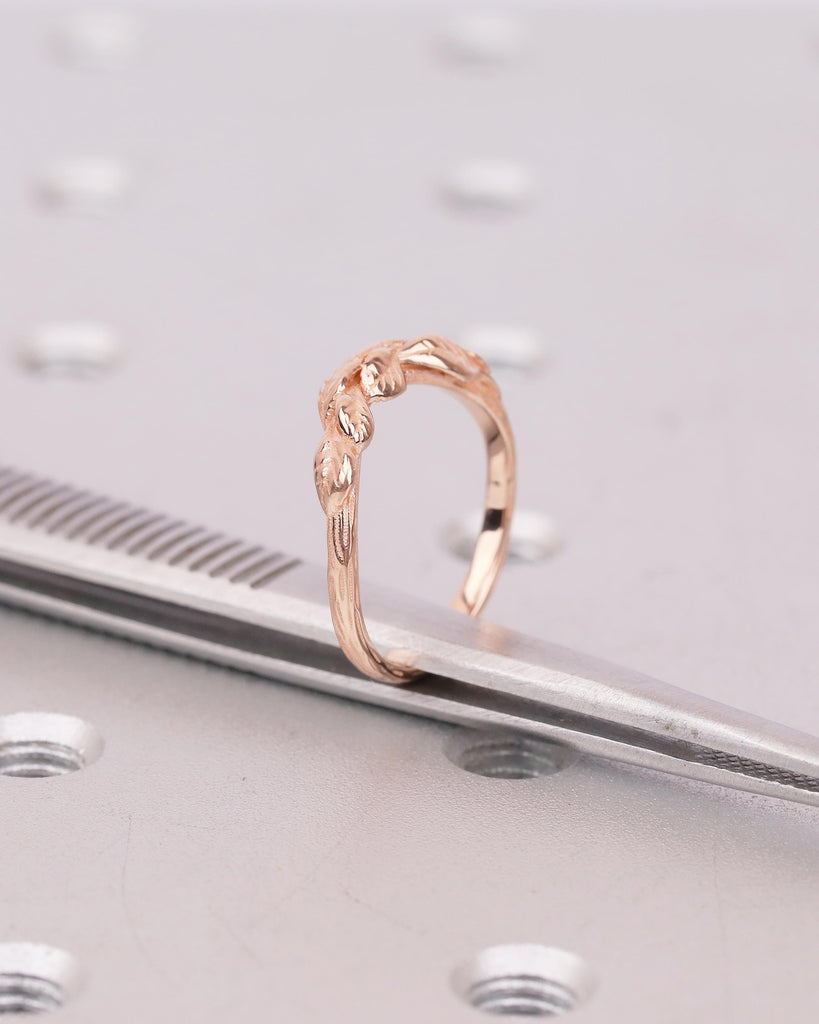 Engraved Lotus Leaves Ring, 14k Rose Gold Curved Wedding Band Women, Unique Floral Jewelry, Art Deco Nature Inspired Matching Rings for Her image #16