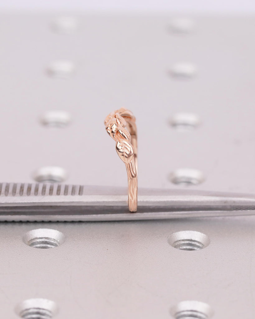 14k Rose Gold Wedding Band, Handcrafted Nature Ring, Stackable Flower Rings image #11