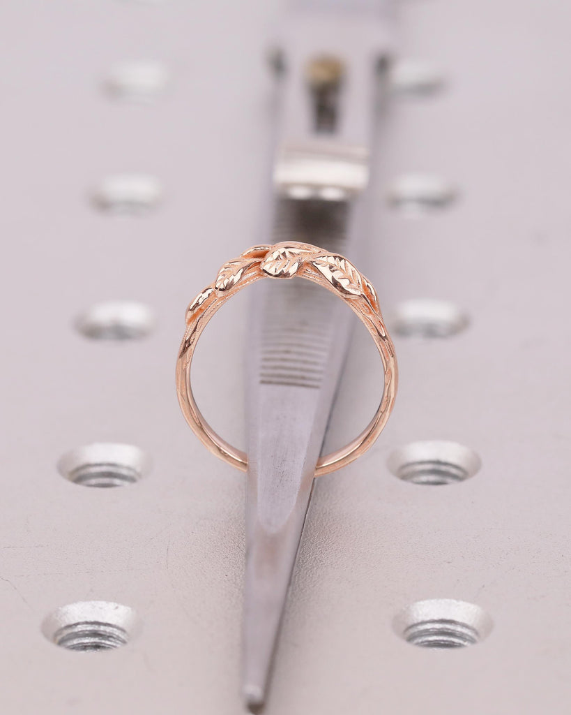 14k Rose Gold Wedding Band, Handcrafted Nature Ring, Stackable Flower Rings image #4