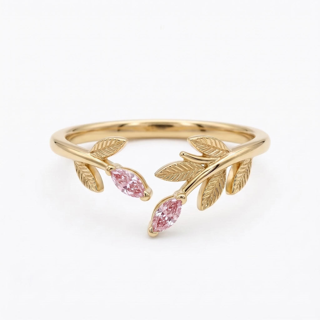 14K/18K Gold Pink Diamond Olive Leaf Wedding Ring | Dainty Elven Ring Women Jewelry | Thin Wedding Band Stacking Ring image #1