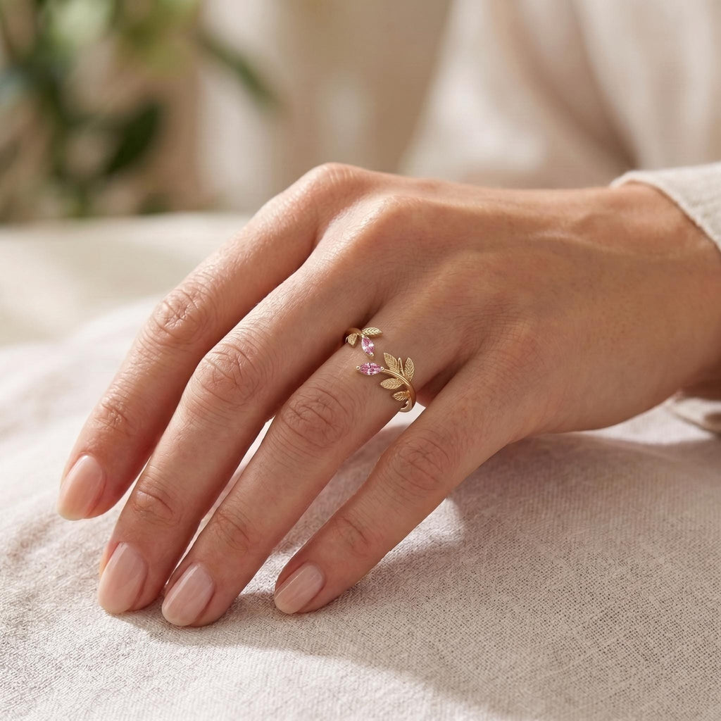 14K/18K Gold Pink Diamond Olive Leaf Wedding Ring | Dainty Elven Ring Women Jewelry | Thin Wedding Band Stacking Ring image #2