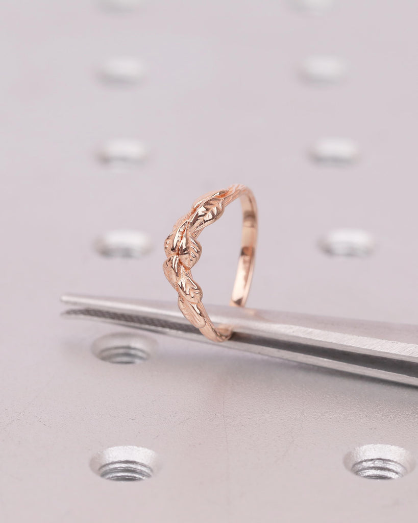 14k Rose Gold Wedding Band, Handcrafted Nature Ring, Stackable Flower Rings image #13