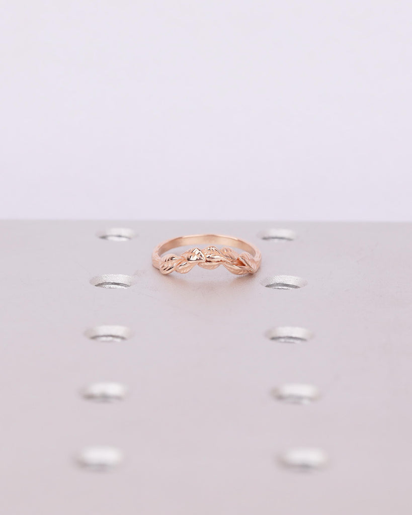 Engraved Lotus Leaves Ring, 14k Rose Gold Curved Wedding Band Women, Unique Floral Jewelry, Art Deco Nature Inspired Matching Rings for Her image #2