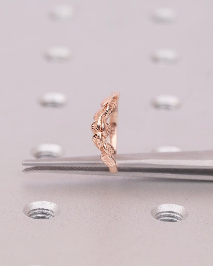 Engraved Lotus Leaves Ring, 14k Rose Gold Curved Wedding Band Women, Unique Floral Jewelry, Art Deco Nature Inspired Matching Rings for Her image #1