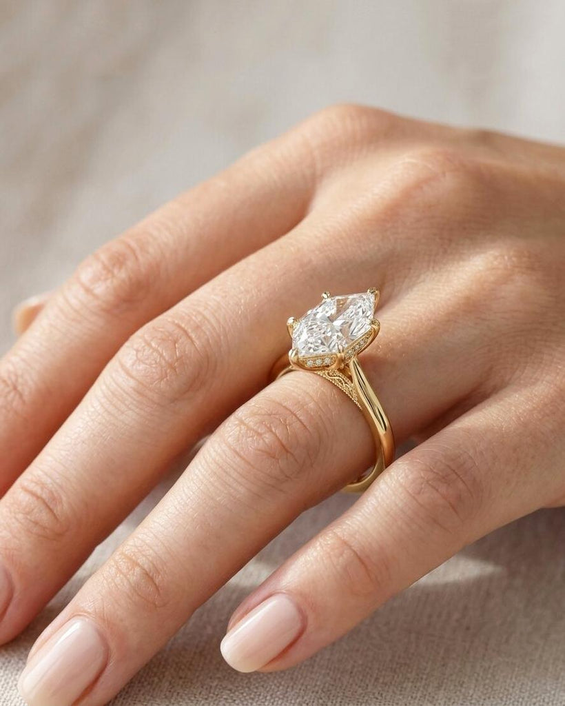 Dutch Marquise Cut Moissanite Tulip Engagement Ring: Hidden Halo, 14K Yellow Gold Filigree Engraved Bridge, Promise Ring for Her image #3