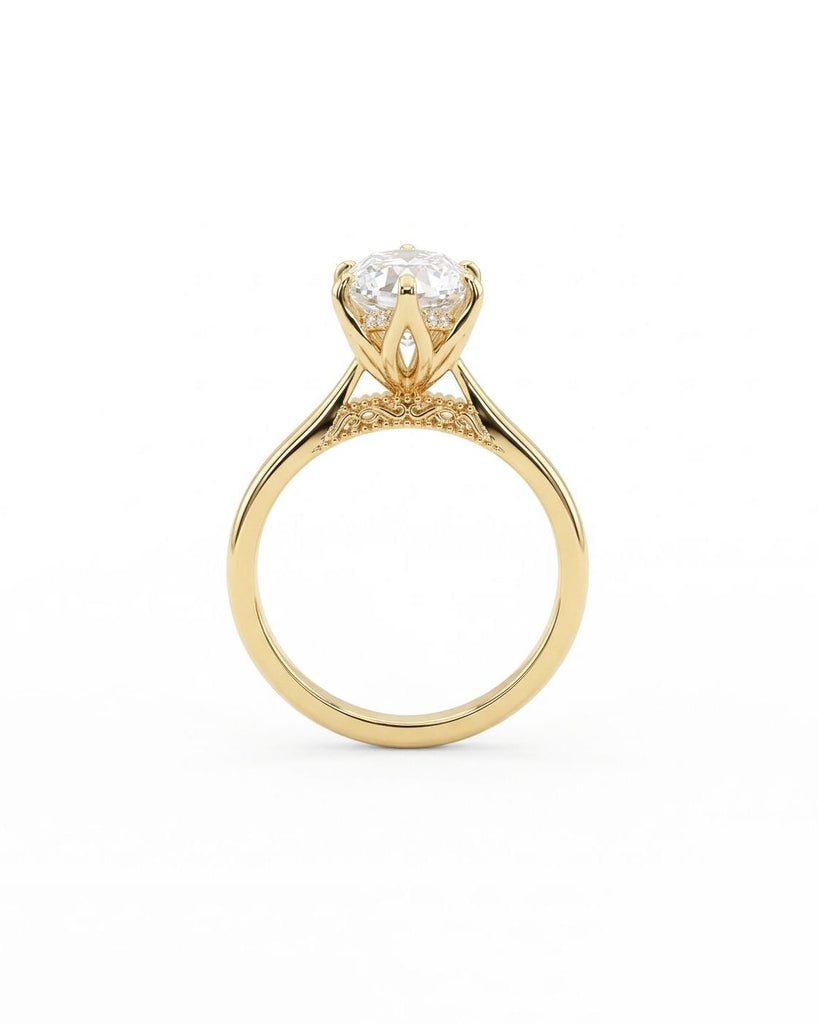 Dutch Marquise Cut Lab Diamond Tulip Engagement Ring: 14K Solid Gold, Hidden Halo, Cathedral Setting, Vintage Filigree Engraved Bridge image #3