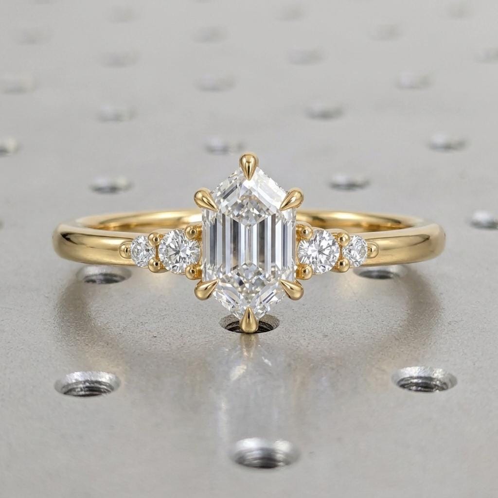 Moissanite Dutch Marquise cut Unique Engagement Ring | 14k Yellow Gold Rings for Women | Five Stone Wedding Ring Anniversary Gift image #3