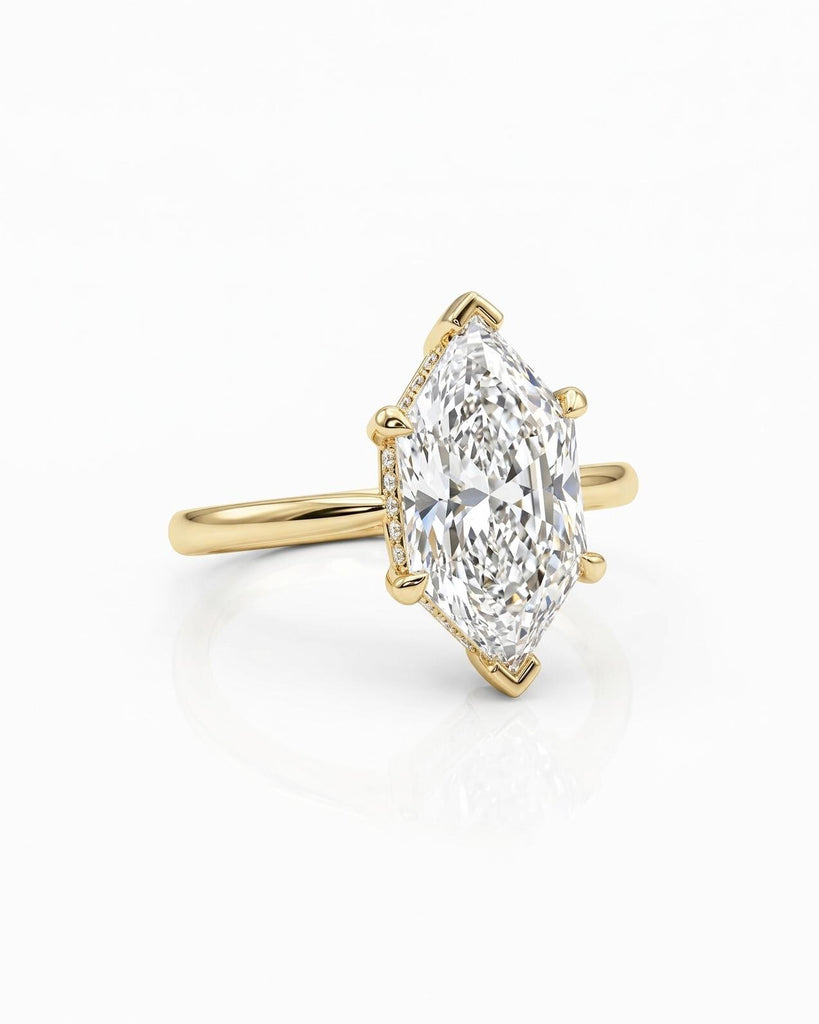 Hidden Halo Dutch Marquise Moissanite Engagement Ring, Vintage 14K Solid Gold Solitaire Engagement Ring, Promise Ring for Her image #2