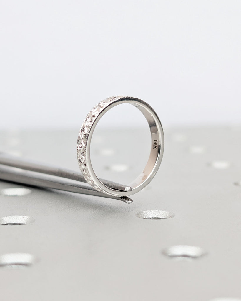 14K Solid Gold Engraved Wedding Band | Vintage Wedding Ring | Unique Hand-carved Floral Diamond Pattern | 3mm Dainty Stacking Ring for Women image #8
