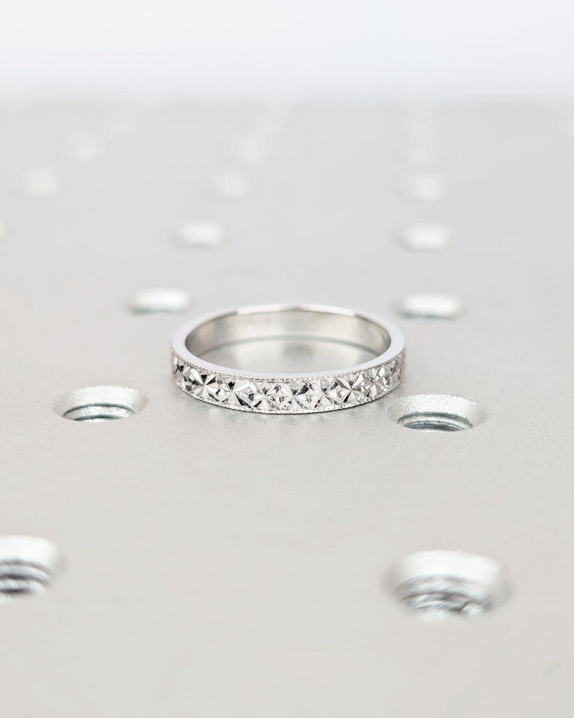 Vintage Engraved Wedding Band 3mm, Solid Gold or Platinum Wedding Ring, Floral Starburst Diamond Pattern, Unique Stacking Ring image #10