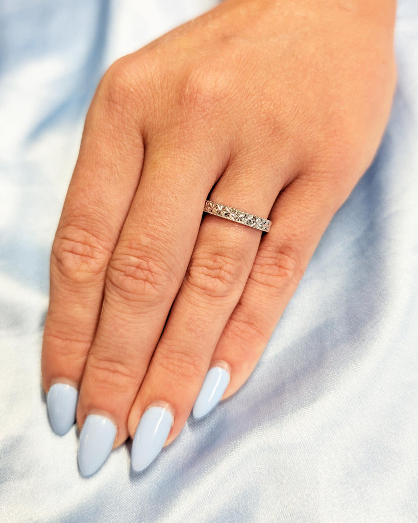 14K Solid Gold Engraved Wedding Band | Vintage Wedding Ring | Unique Hand-carved Floral Diamond Pattern | 3mm Dainty Stacking Ring for Women image #2
