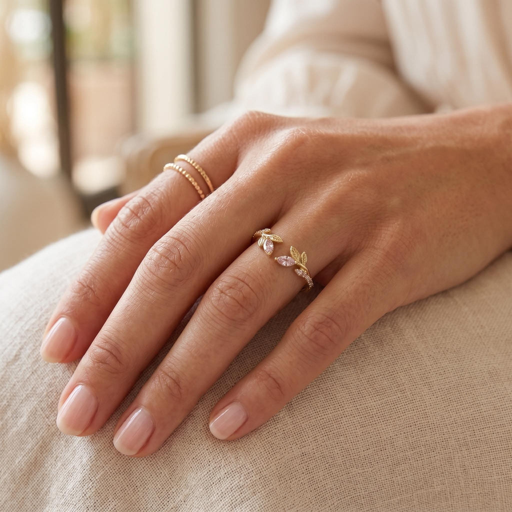 Vintage Pink Diamond 14k/18k Gold Olive Leaf Open Ring | Half Eternity Wedding Ring for Women | Thin Wedding Band Stacking Ring image #2