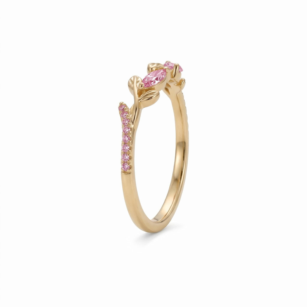 Solid Gold Leaf Lab Grown Diamond Wedding Bands for Women | Pink Gemstone Vintage Jewelry Birthday Anniversary Gift image #1