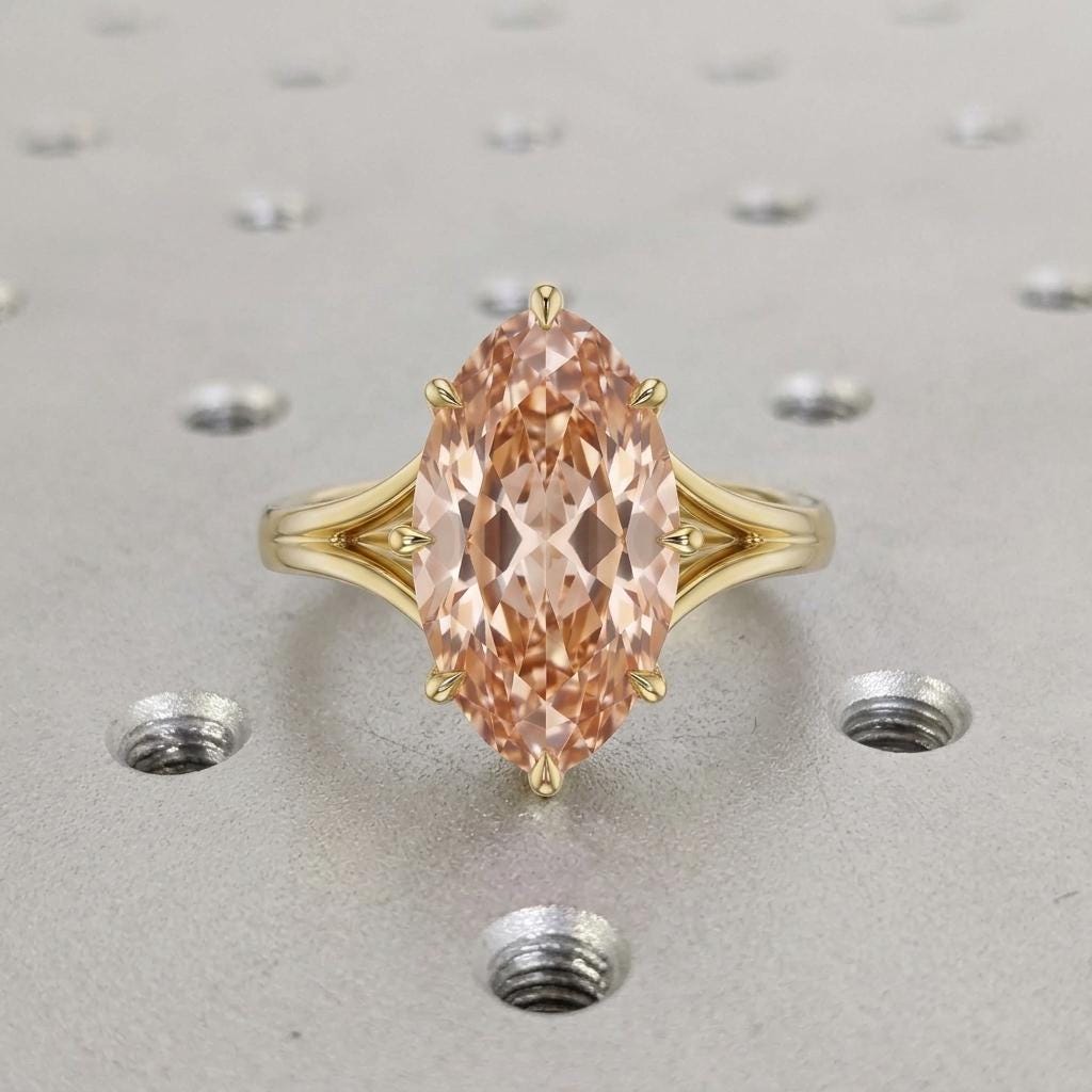 14K Gold Split Shank Solitaire Old Miner Moval Ring | Champagne Lab Diamond | Wedding Jewelry image #2
