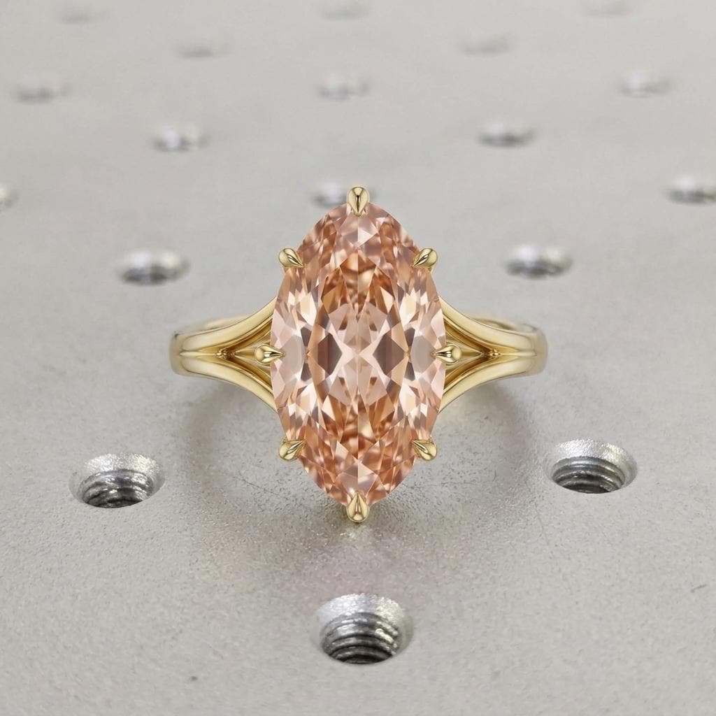 3ct Moval Champagne Lab Diamond Engagement Ring, 14K Gold Split Shank Solitaire, Old Miner Moval Cut Ring, 8 Claw Prong Ring for Women