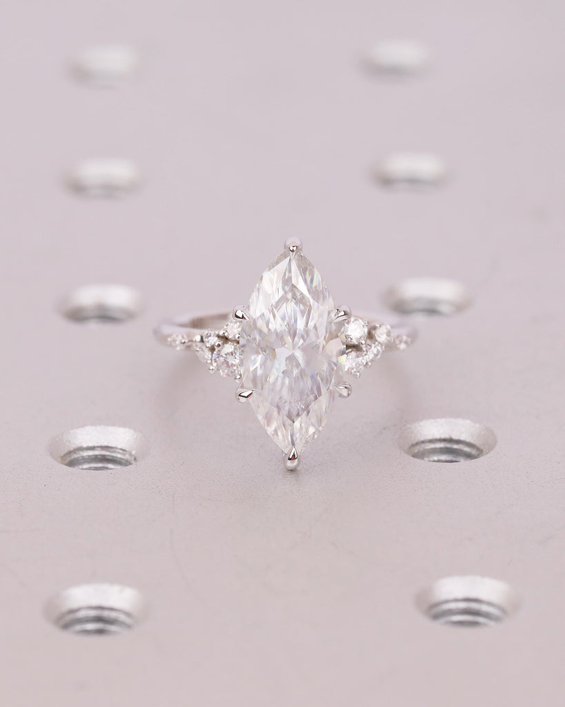 3.5ct Marquise Cut Lab Grown Diamond Wedding Ring for Her, 14k white Gold Engagement Ring, Unique Snowdrift 6 Prong Cluster Promise Rings image #3