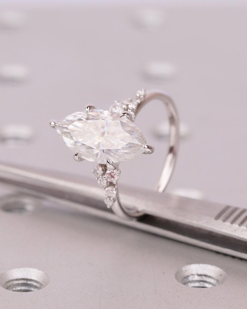 3.5ct Marquise Cut Lab Grown Diamond Wedding Ring for Her, 14k white Gold Engagement Ring, Unique Snowdrift 6 Prong Cluster Promise Rings image #1