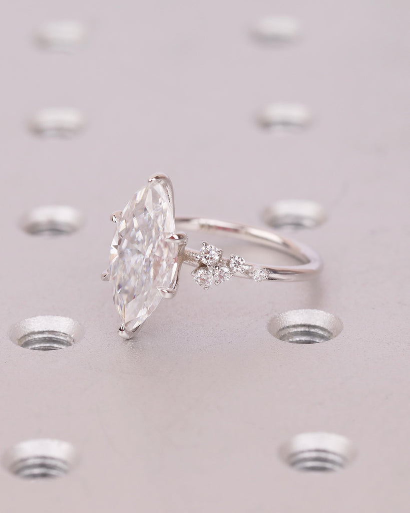 3.5ct Marquise Cut Lab Grown Diamond Wedding Ring for Her, 14k white Gold Engagement Ring, Unique Snowdrift 6 Prong Cluster Promise Rings image #9