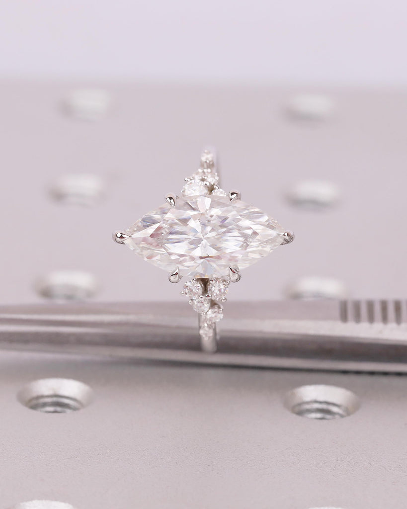Lab Created Diamond Engagement Ring, 14k Gold Snowdrift Cluster Marquise Ring image #8