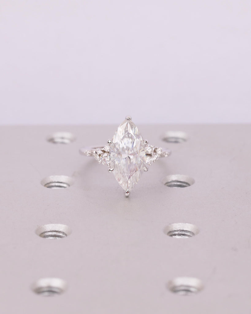 14k White Gold Marquise Moissanite Engagement Ring, Snowdrift Diamond Cluster Wedding Rings for Women, Unique Bridal Jewelry, Custom Ring image #15