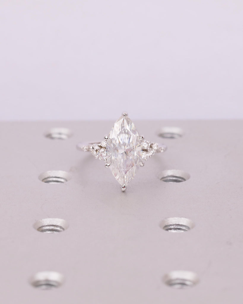 14k White Gold Marquise Moissanite Engagement Ring, Snowdrift Diamond Cluster Wedding Rings for Women, Unique Bridal Jewelry, Custom Ring image #19