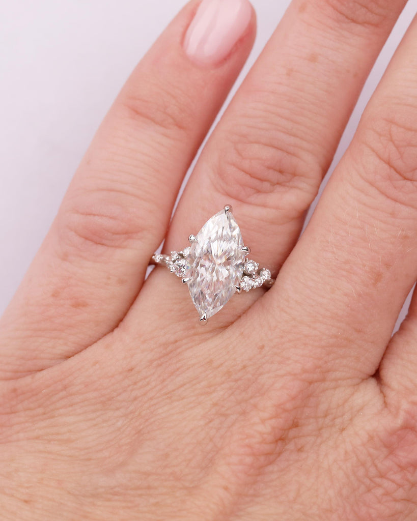 14k White Gold Marquise Moissanite Engagement Ring, Snowdrift Diamond Cluster Wedding Rings for Women, Unique Bridal Jewelry, Custom Ring image #11