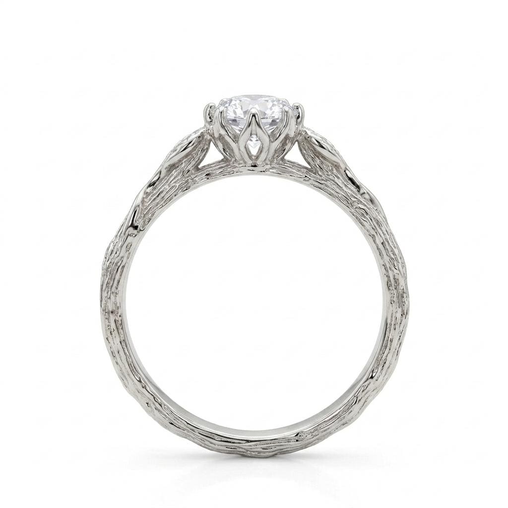 Round Moissanite Olive Leaf Solitaire Engagement Rings for Women | Tulip Floral Ring | Vintage Gold Bridal Jewelry image #3