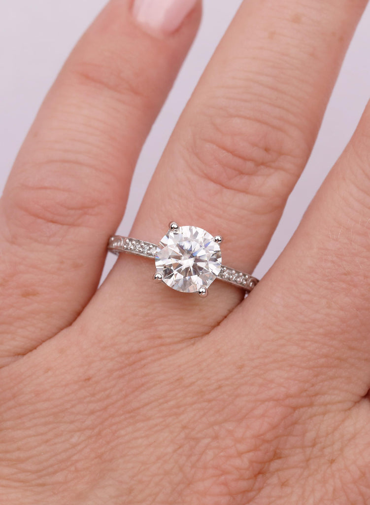 Vintage 14K Gold Moissanite Engagement Ring, Hand Engraved Art Deco Ring, Bridal Jewelry, White Gold Filigree Wedding Ring, Anniversary Gift image #2