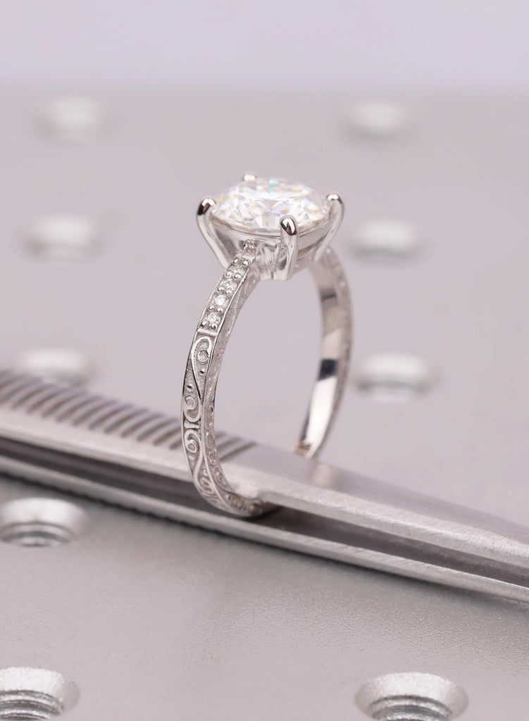 Vintage 14K Gold Moissanite Engagement Ring, Hand Engraved Art Deco Ring, Bridal Jewelry, White Gold Filigree Wedding Ring, Anniversary Gift image #10