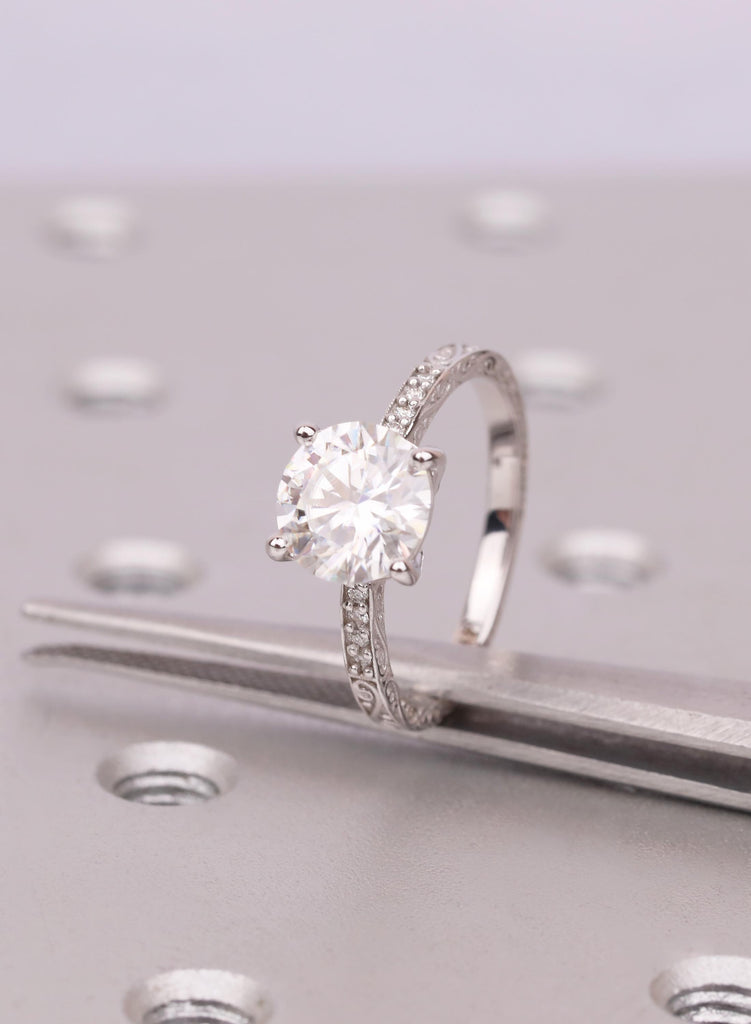 Vintage 2ct Round Cut Lab Diamond Engagement Ring, 14K White Gold, Filigree Style Band image #6