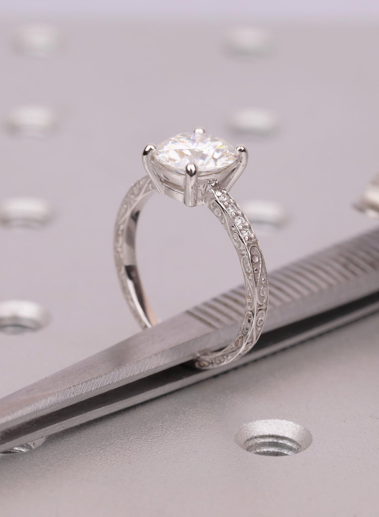 Vintage 2ct Round Cut Lab Diamond Engagement Ring, 14K White Gold, Filigree Style Band image #9