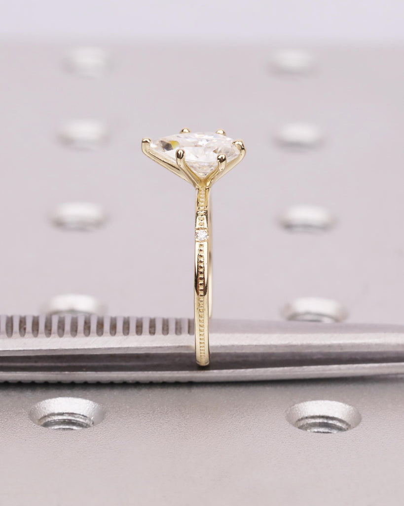 Pear Cut Moissanite Engagement Ring, 14K Solid Gold Vintage Beaded Milgrain Band, Solitaire Diamond Accent Wedding Ring, Dainty Promise Ring image #10