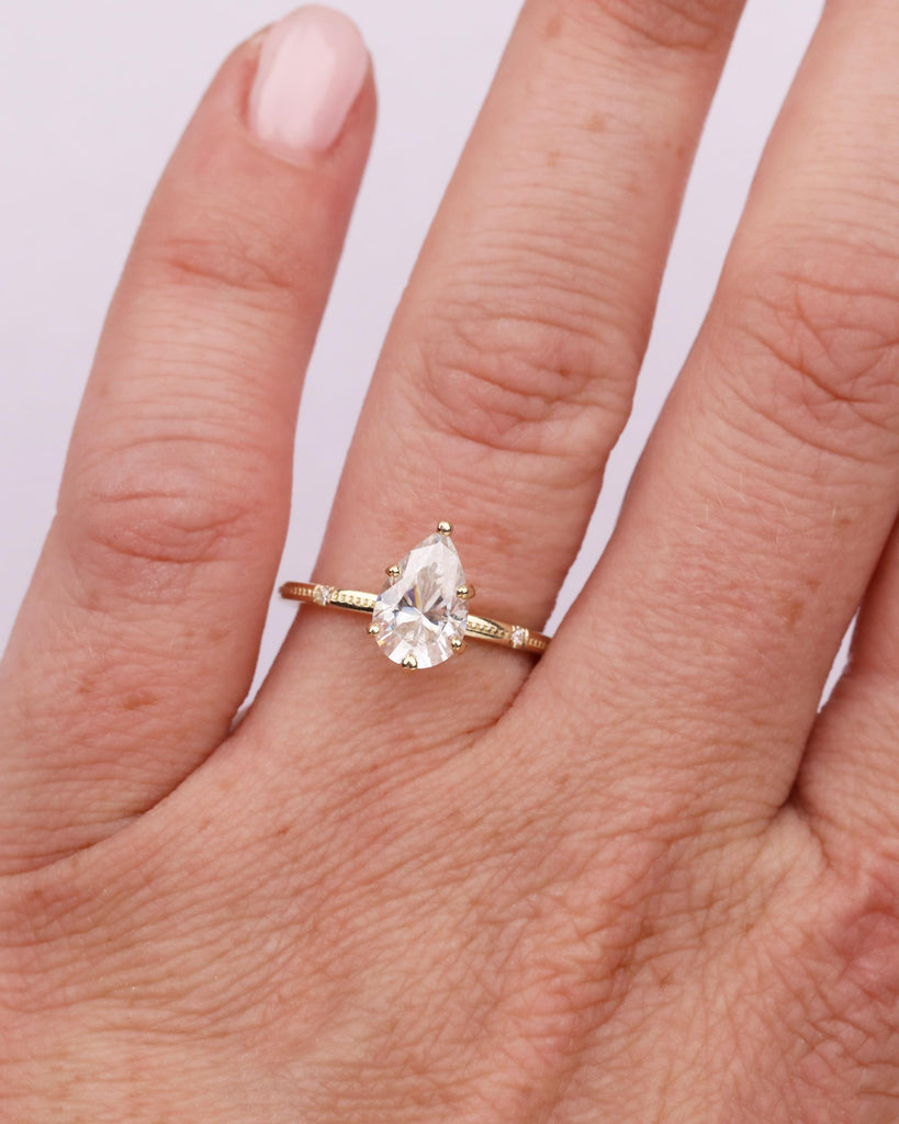 Pear Cut Lab Grown Diamond Engagement Ring | 14K Solid Gold Vintage Beaded Milgrain Band | Diamond Accent Wedding Ring | Dainty Promise Ring image #2