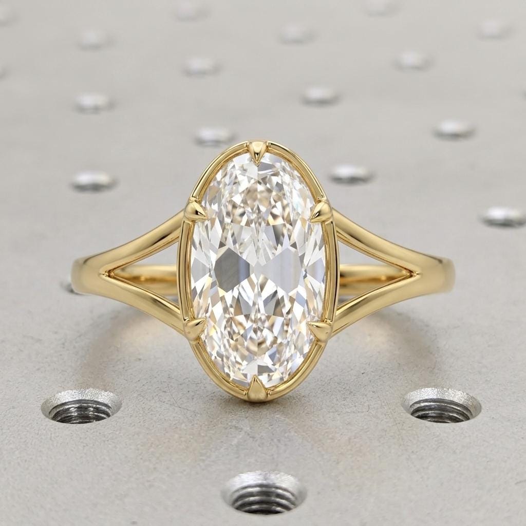Unique Moval Diamond Engagement Rings for Women | 14k Yellow Gold Old Mine cut Lab Diamond Bezel Ring | High End Custom Bridal Jewelry image #4