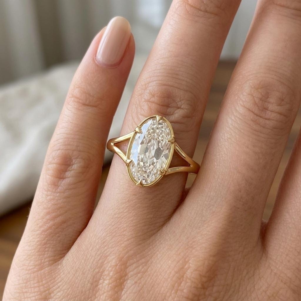 Old Miner cut Lab Grown Diamond Solitaire Ring | Elongated Oval Bezel set Solid Gold Promise Ring for Her | Anniversary Gift image #1