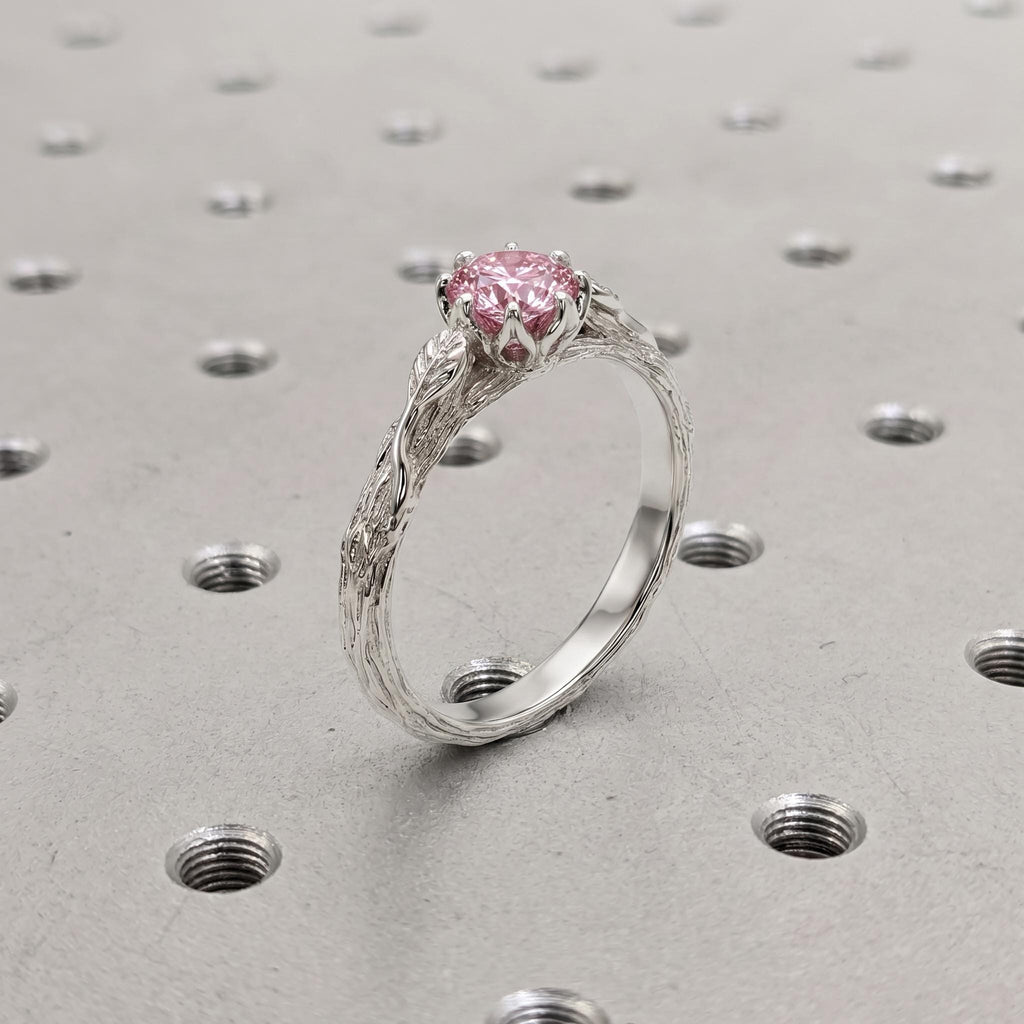 Olive Leaf and Vine Pink Gemstone Vintage Gold Bridal Jewelry | Round Lab Diamond Art Deco Promise Rings for Women image #2