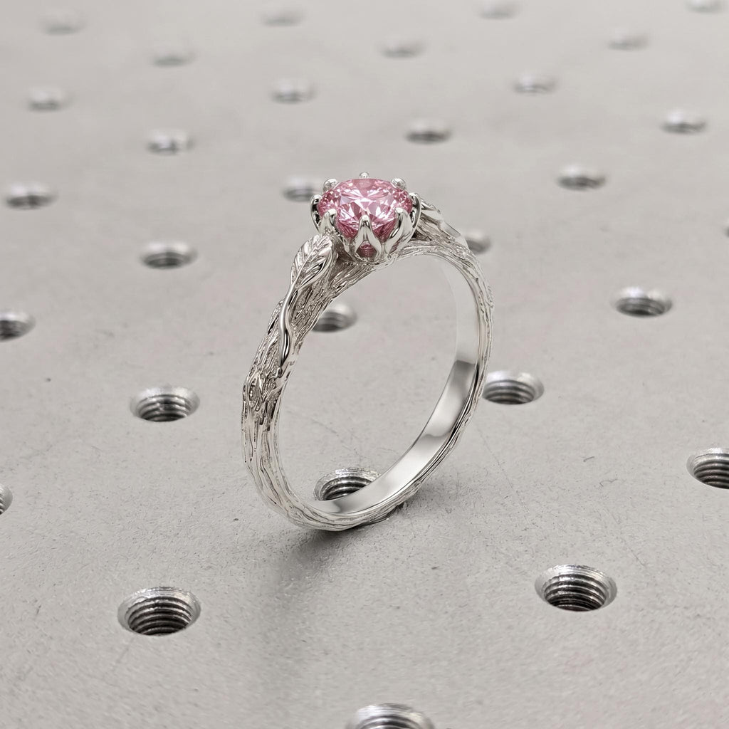 Pink Lab Made Diamond Floral Engagement Ring | 14k White Gold Round Solitaire Ring | Wedding Anniversary Gift for Her image #3