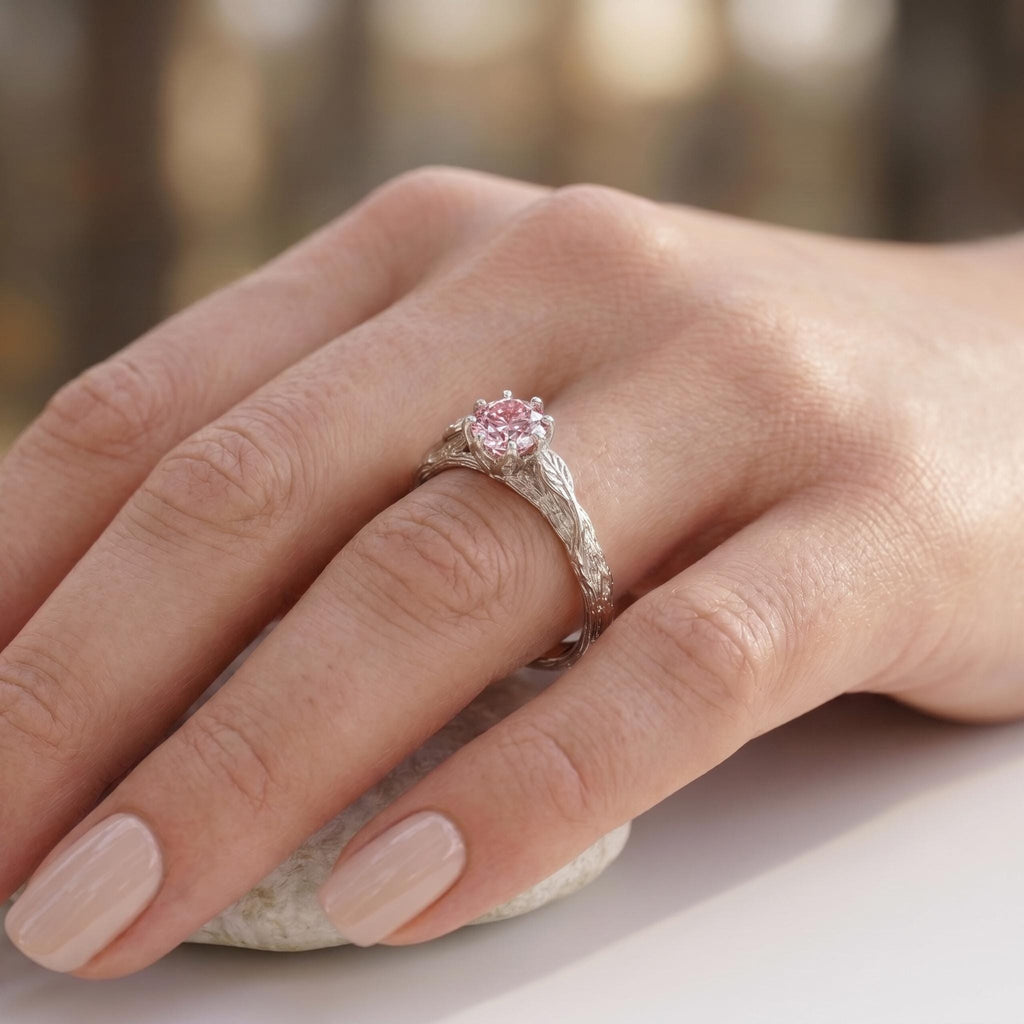 Olive Leaf and Vine Pink Gemstone Vintage Gold Bridal Jewelry | Round Lab Diamond Art Deco Promise Rings for Women image #1
