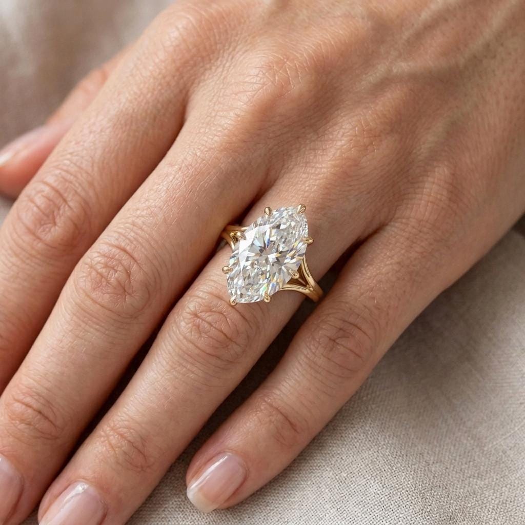 14K Gold Moval Cut Lab Diamond Engagement Ring, Split Shank Solitaire, Vintage Style Ring For Her image #1