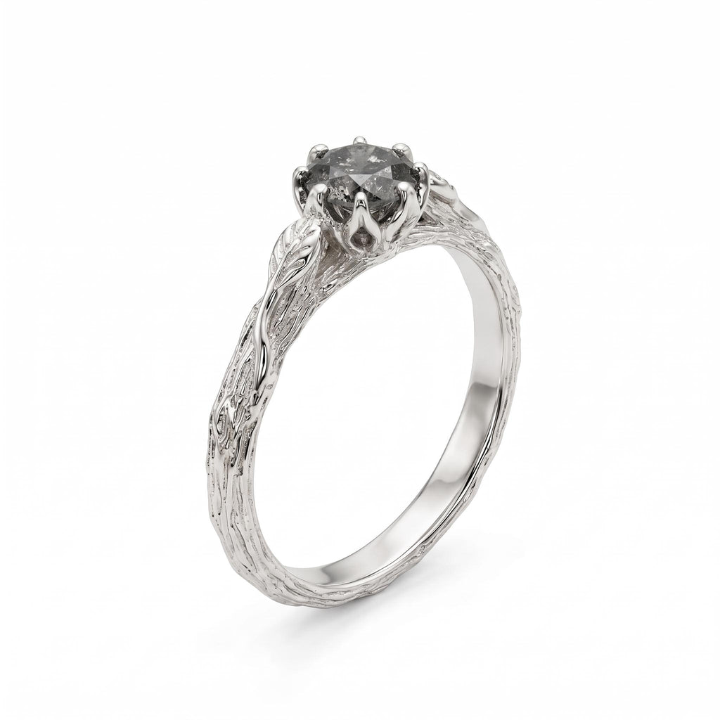 Salt and Pepper Grey Diamond Unique Engagement Rings for Women | Solid Gold Olive Leaf and Vine Solitaire Ring | Vintage Bridal Jewelry image #1