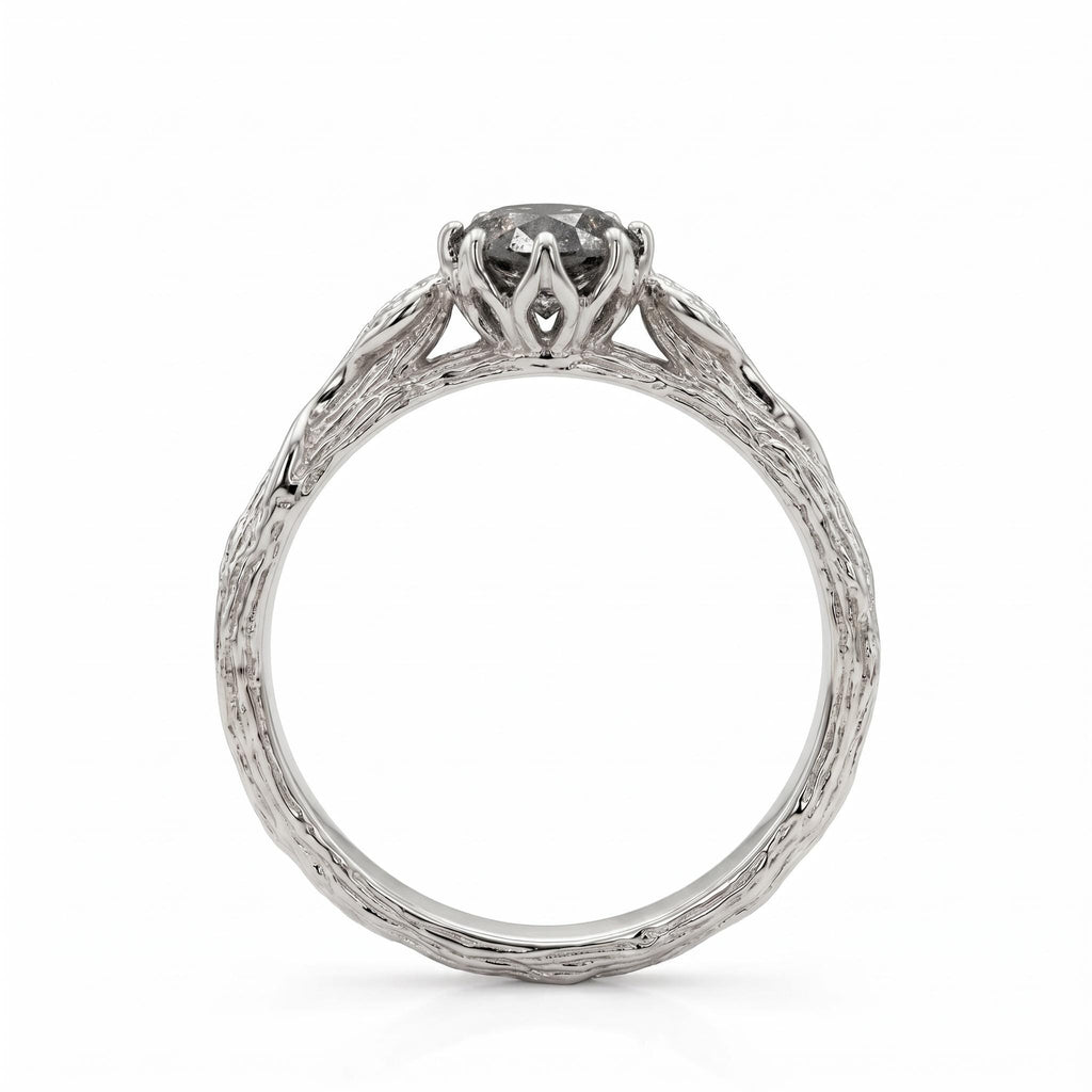 14k White Gold Raw Salt and Pepper Diamond Proposal Ring for Her | Round cut Ring Nature Inspired Wedding Anniversary Gift image #3