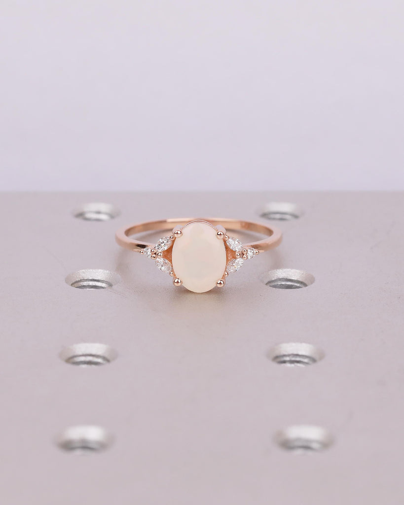 Art Deco Oval Natural Opal Engagement Ring with Cluster Marquise Diamond