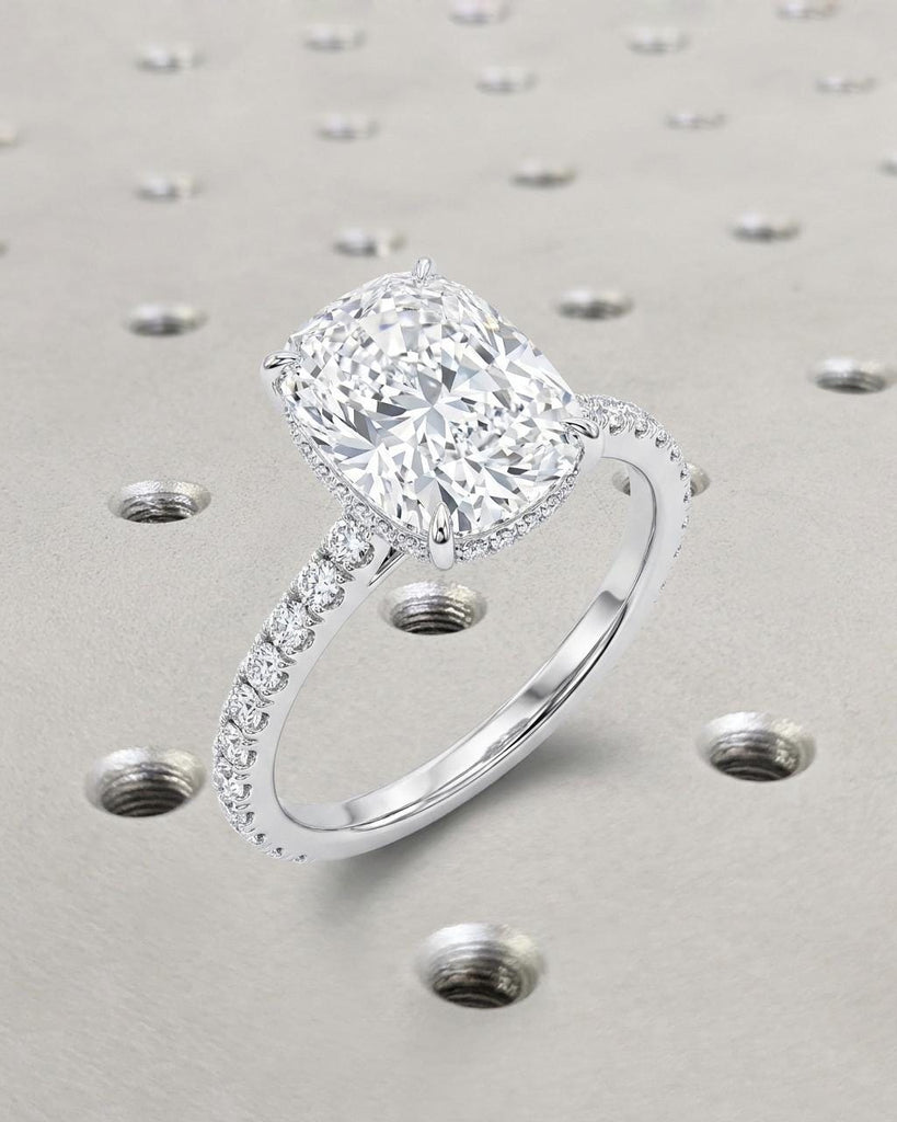Elongated Cushion Lab Grown Diamond Engagement Ring, 14K White Gold Hidden Halo Diamond Ring, Micropavé Diamond Wedding Ring, IGI Certified image #4