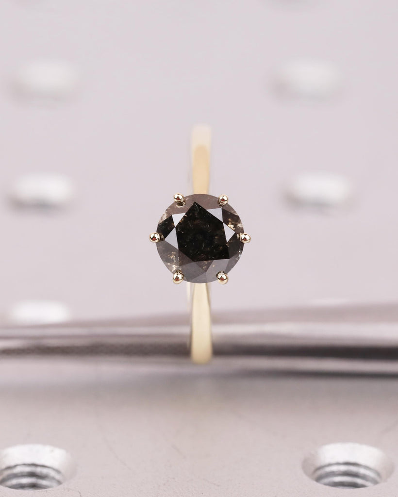 Round Solitaire Salt And Pepper Diamond Engagement Ring, 14K Solid Gold Vintage Wedding Ring, 6 Prong Cathedral Setting, Unique Vintage Ring image #4