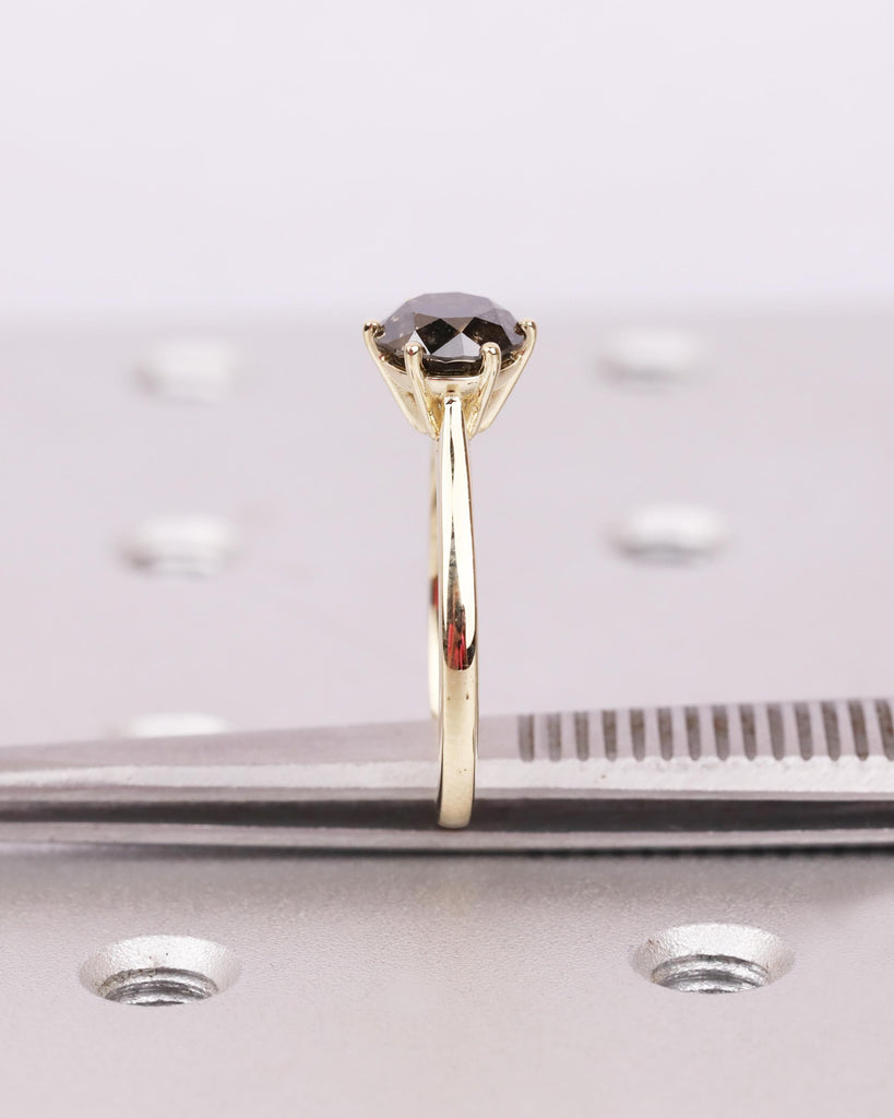 Round Solitaire Salt And Pepper Diamond Engagement Ring, 14K Solid Gold Vintage Wedding Ring, 6 Prong Cathedral Setting, Unique Vintage Ring image #10